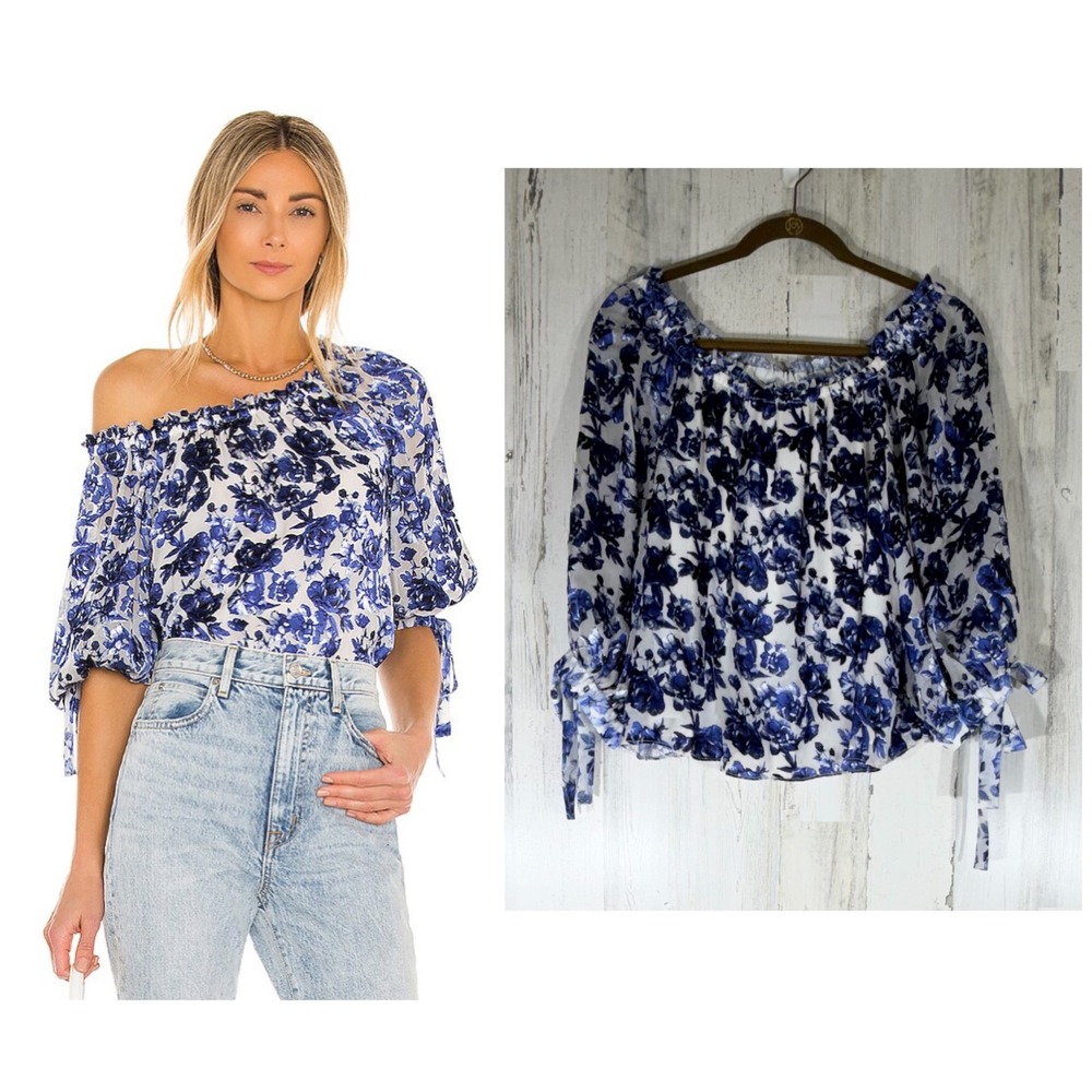 Alice + Olivia Alta Blouson Sleeve Peasant Top Large Blue Floral Burnout NWT